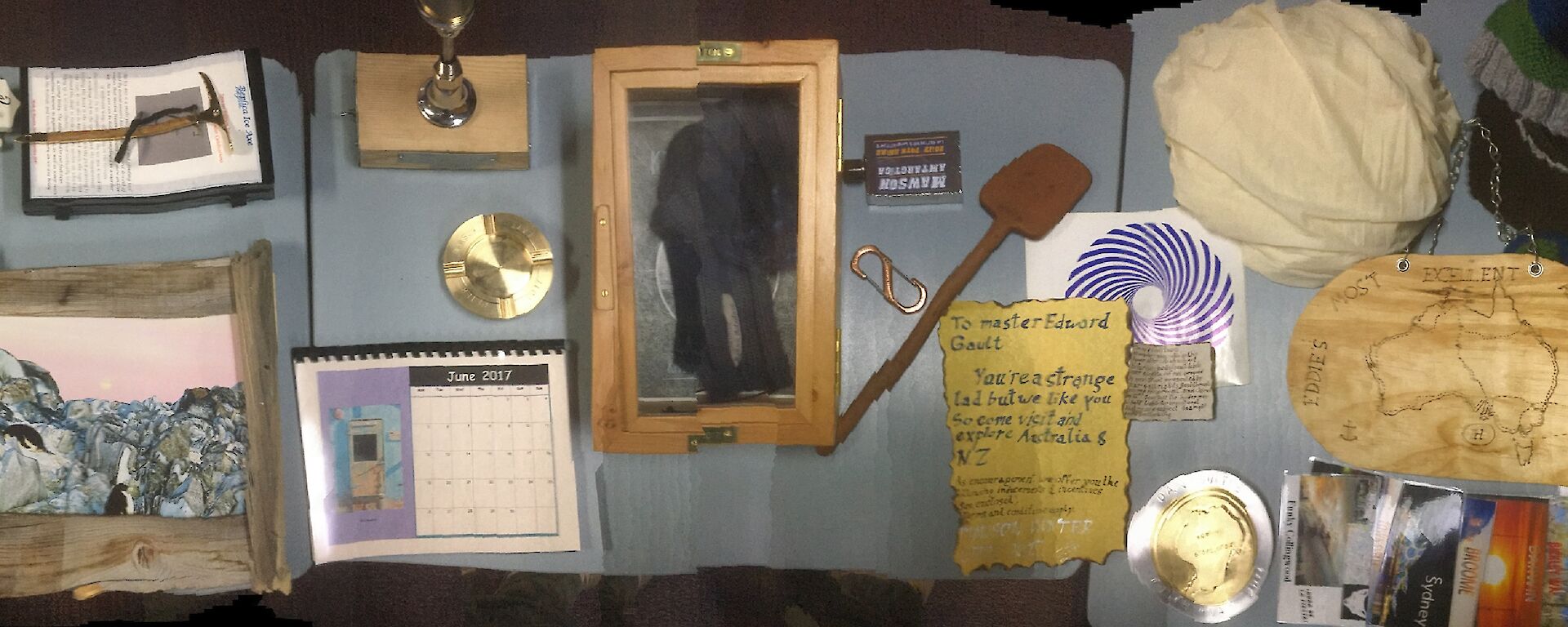 A selection of hand made gifts are displayed on a table