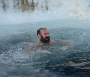 A man with a beard treads water in an ice pool.