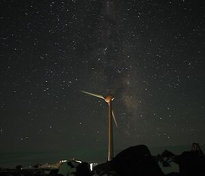 The Milky Way behind a wind turbine on a clear night
