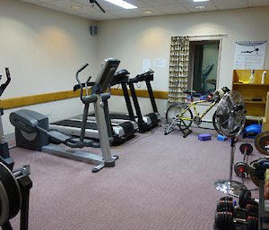 A room with treadmills, cardio equipment and weights