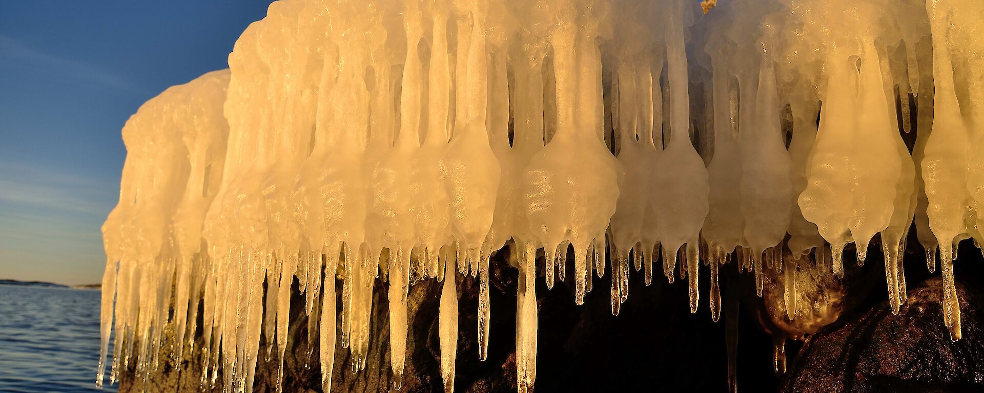 Icicles forming over a rock edge on a harbour edge.