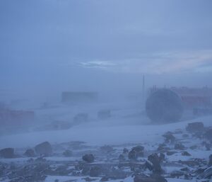 View of Mawson Station during blizzard
