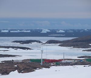 A shot of Mawson station showing the extent of the sea ice
