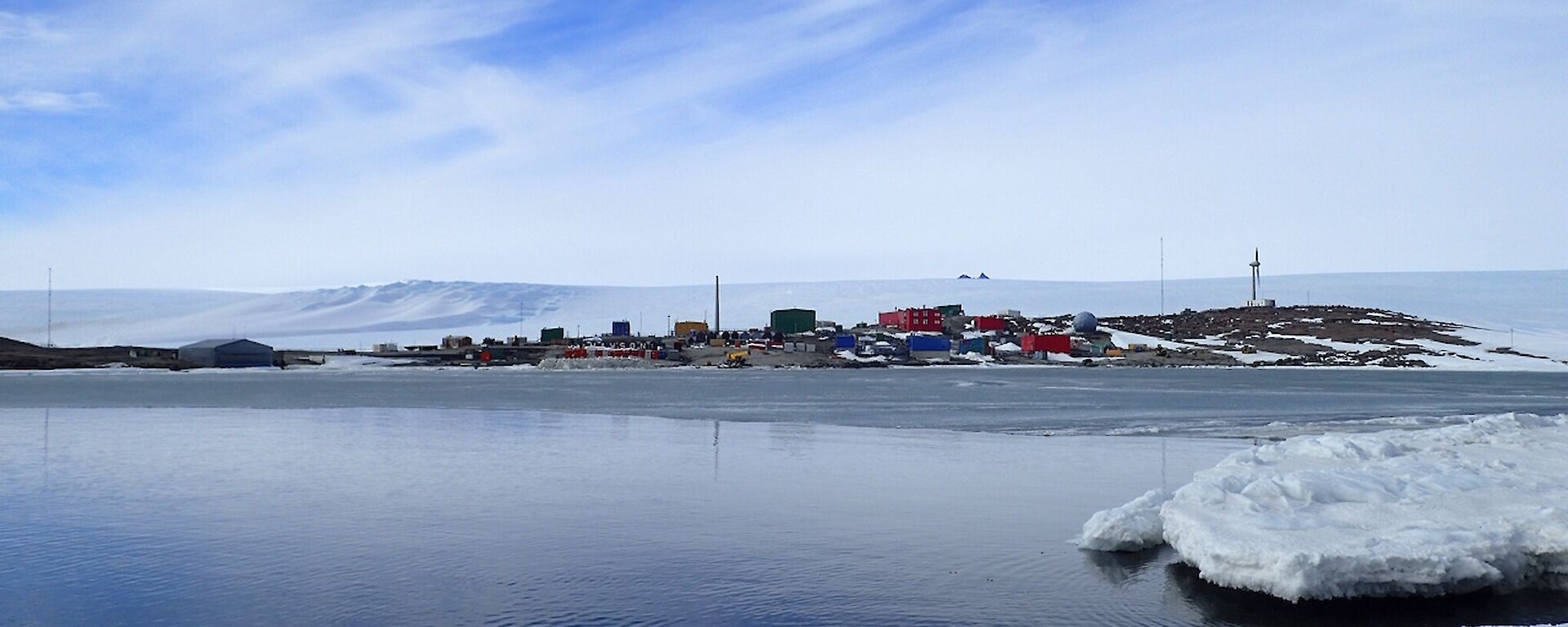 Looking back to Mawson Station from West Arm with water and sea ice still visible in the Harbour