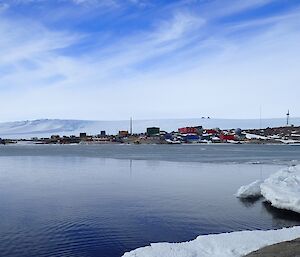 Looking back to Mawson Station from West Arm with water and sea ice still visible in the Harbour
