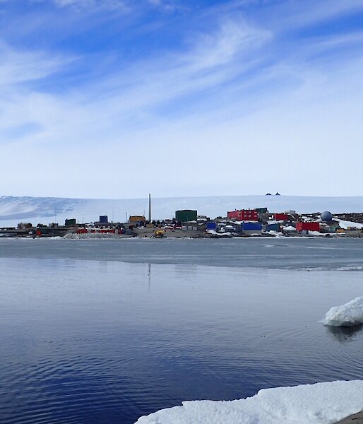 Looking back to Mawson Station from West Arm with water and sea ice still visible in the Harbour