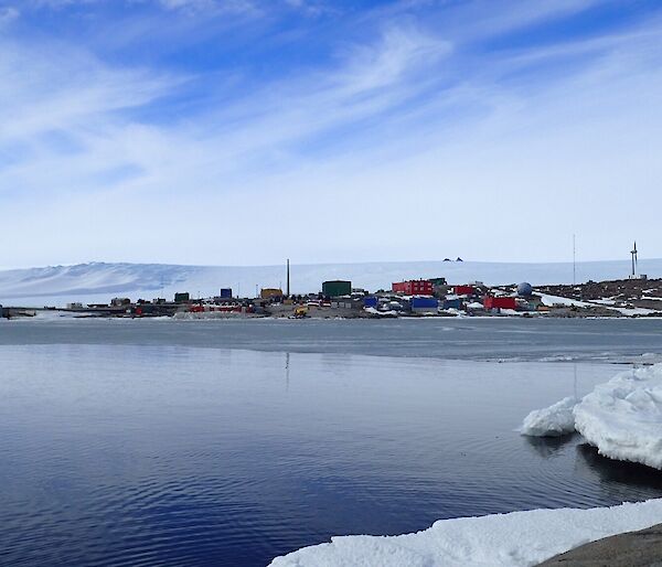 Looking back to Mawson Station from West Arm with water and sea ice still visible in the Harbour