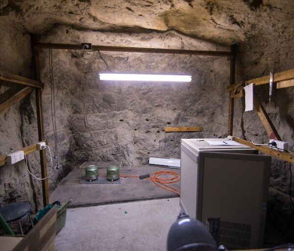 The vault dug out of the rock with seismometer