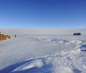 A vehicle and 2 people out on the ice