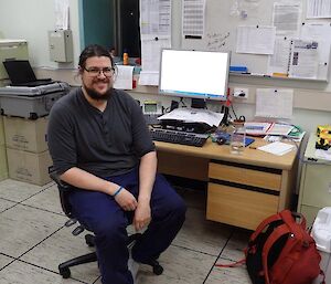 A man sits in front of his desk