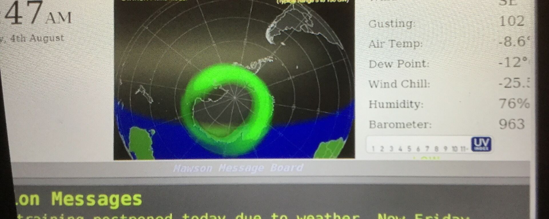 A station weather board showing a 102kn gust of wind