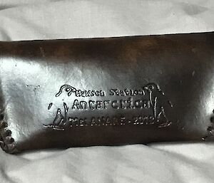 Rear view of handworked leather glasses case