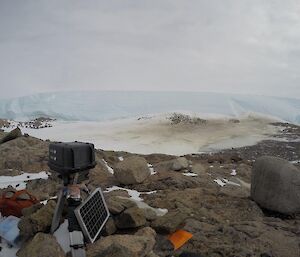 View of the Emperor penguins at Taylor Rookery from one of the camera positions