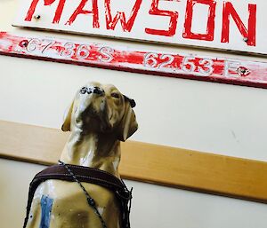 A guide dog statue in front of Mawson sign
