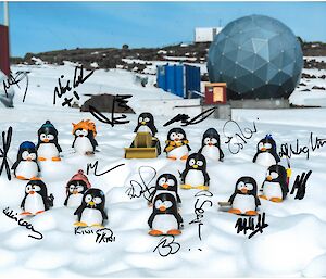 A group of penguin models in the snow