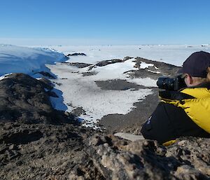 A man takes photos of the penguin colony