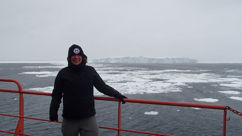 Eleri Evans on the deck of the Aurora Australis.