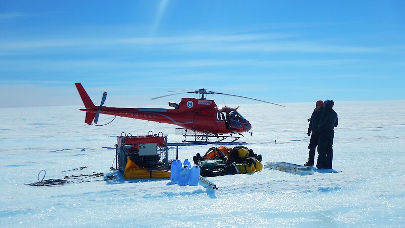 Scientific equipment unloaded beside the helicopter on the Sørsdal Glacier.