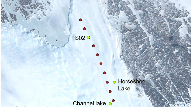 Map of the Sørsdal Glacier showing proposed seismic sites.