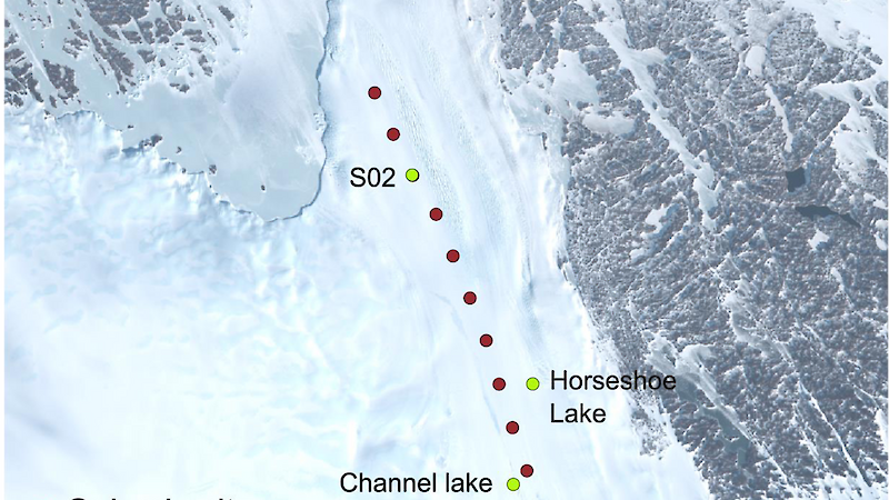 Map of the Sørsdal Glacier showing proposed seismic sites.