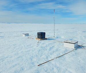 A series of three boxes lashed to bamboo canes to keep them upright, on the ice.