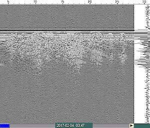 A black and white image showing a portion of the data gathered by the 250 MHz radar antenna.