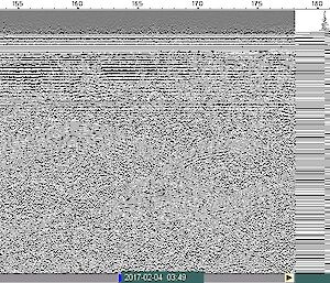 A fuzzy black and white image of data captured by an 800 MHz antenna during a ground penetrating radar survey over the Sørsdal Glacier.