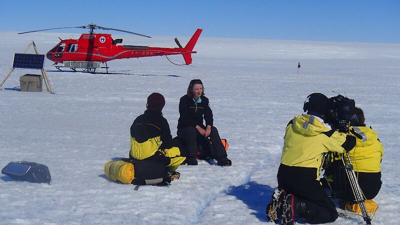 A journalist and cameraman interview Dr Sue Cook on the Sørsdal Glacier.