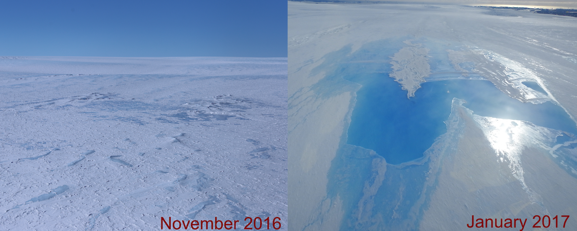 Two images of Twin Lakes showing the snow cover in winter, and the melt at the end of the season