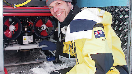 Dr Klaus Meiners with the Remotely Operated Vehicle (ROV) in Antarctica, which will be used to investigate the under-ice environment and algae growth in the fast-ice zone in Antarctica.