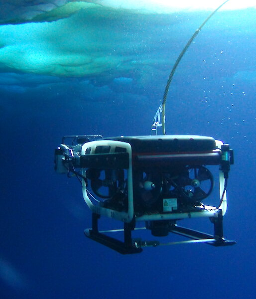 The ROV being deployed under the sea ice in Antarctica.