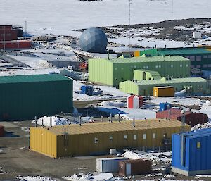 A view of Davis station’s buildings from a helicopter.