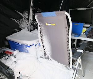 Snow build-up inside a tent on the fast ice.