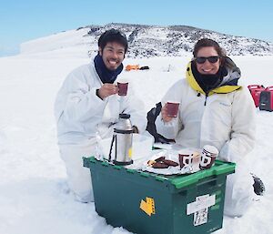The biogeochemistry team enjoy lunch on the ice.