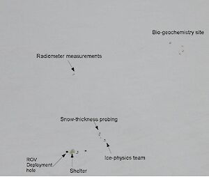 Aerial view of the science groups on the ice.