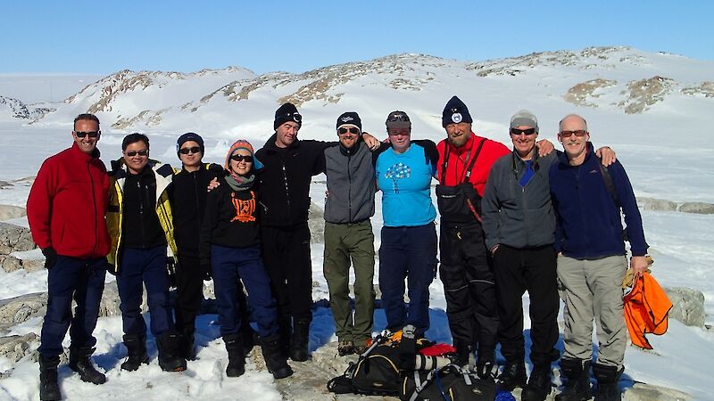 A group of 10 expeditioners at Shirley Island.