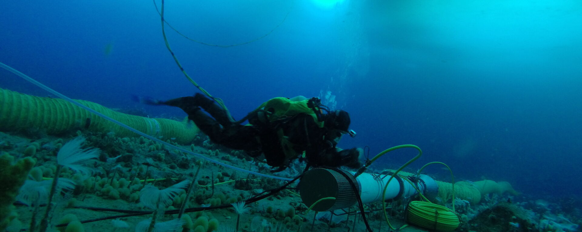 A diver inspects the thruster tubes that draw water into the system and through the chambers.