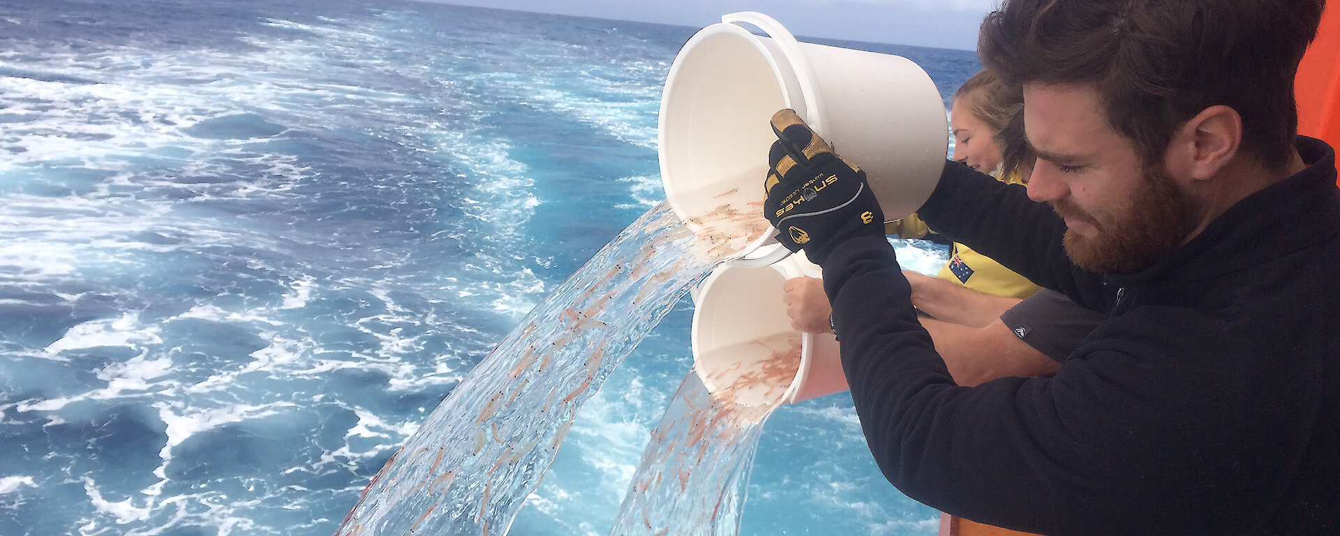 Two buckets of krill being poured into ocean from ship