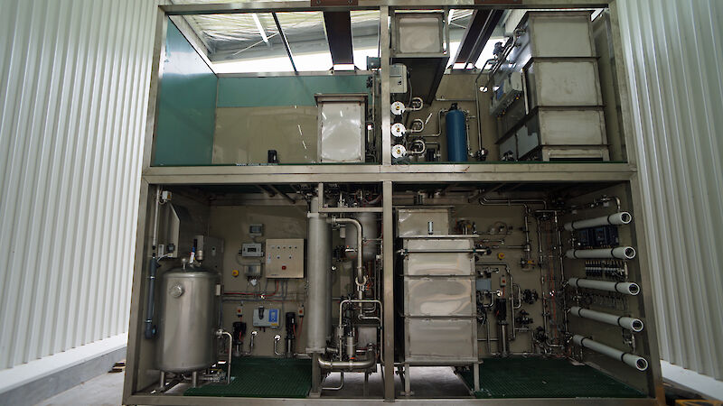 The Advanced Wastewater Treatment Plant set up at the Australian Antarctic Division. The plant’s treatment barriers include a reverse osmosis (RO) system and biologically activated carbon filter (bottom right quadrant), ozone and microfiltration (bottom left), and chlorine and ultraviolet light (top right). A ‘clean in place’ system that automatically cleans the RO and microfiltration filters is installed top left. The plant is expected to be installed at Davis station in 2017.