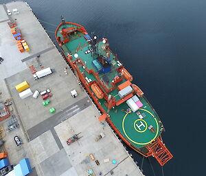 An aerial view of the Aurora Australis docked in Hobart from the quadcopter drone.