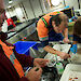 Dr Andrew Constable (left) examines a dish containing salps. Other researchers sort through trays of fish and krill samples.