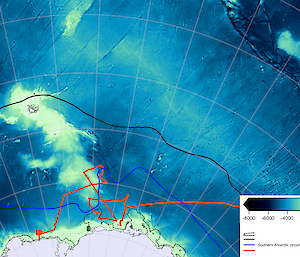 This map shows part of the voyage track of the Aurora Australis (orange line) from Hobart (not shown) towards the K-Axis study area – between the southern Kerguelen Plateau and the Antarctic continent – followed by a resupply trip to Davis station. Ocean colours indicate depth.