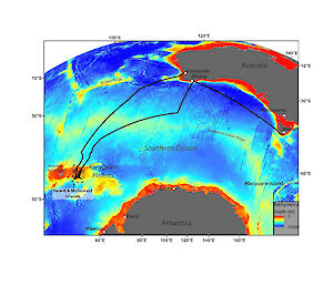 The Investigator voyage travelled some 16 000km between Australia and the subantarctic Kerguelen Plateau to study the link between underwater volcanoes and ocean productivity. Colours indicate the seafloor depth, with shallower regions coloured red and yellow.