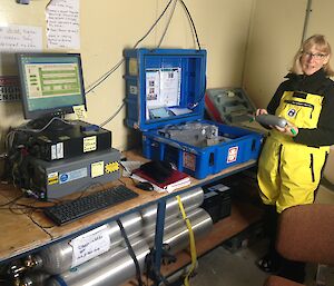 Gwen in the atmospheric research hut at Casey research station.