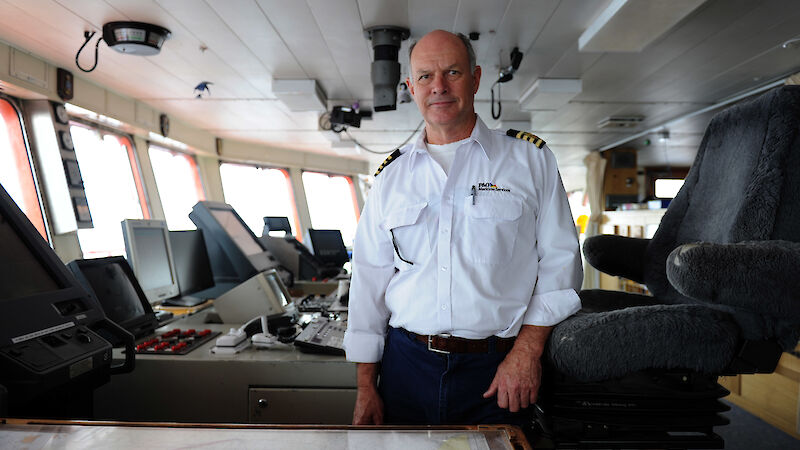 Captain Murray Doyle on the bridge of the Aurora Australis in 2012.