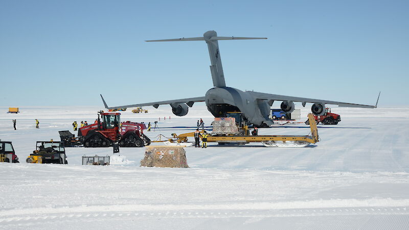Cargo being removed from the rear of the C17-A aircraft on Wilkins Runway.