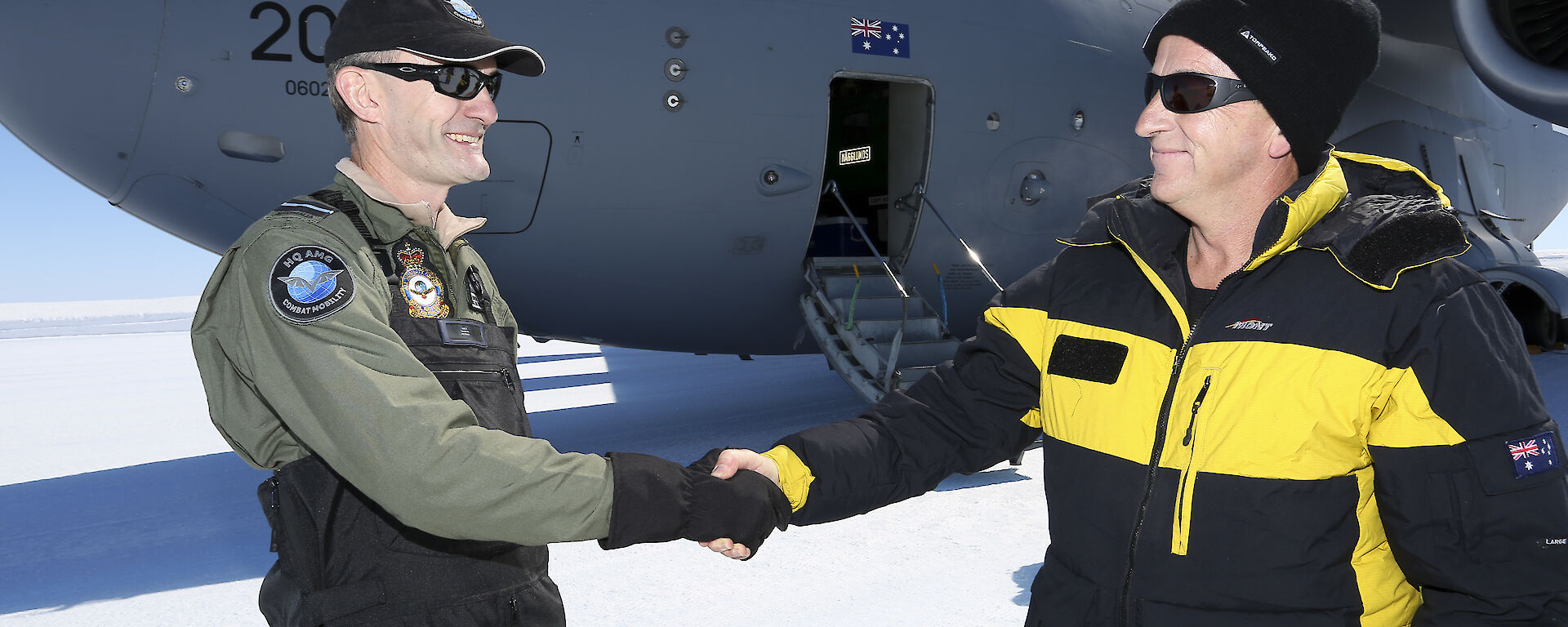 C17-A Air Commodore Richard Lennon (left) and Australian Antarctic Division Director, Dr Nick Gales, on the first proof-of concept flight to Wilkins Aerodrome.