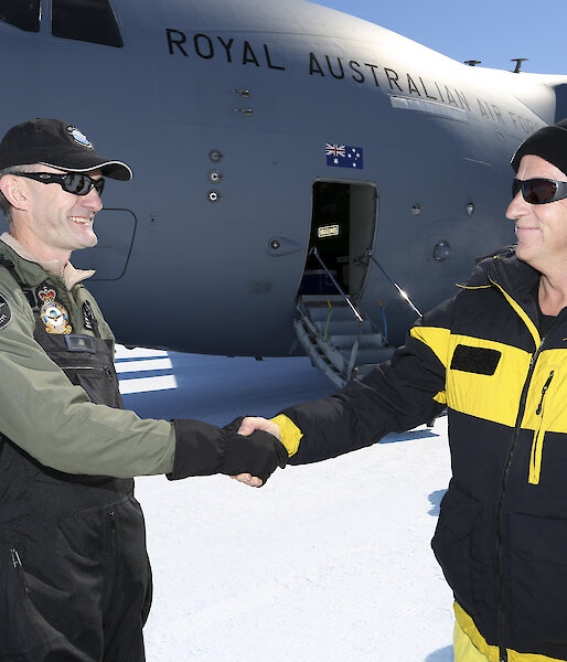 C17-A Air Commodore Richard Lennon (left) and Australian Antarctic Division Director, Dr Nick Gales, on the first proof-of concept flight to Wilkins Aerodrome.
