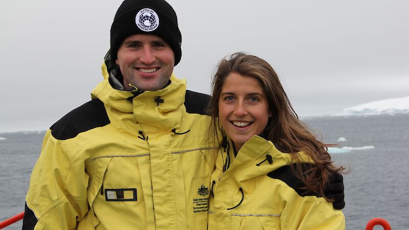 Antarctic doctors of the future, John Cherry and Jessie Ling, on the deck of the Aurora Australis during their voyage to Casey station.