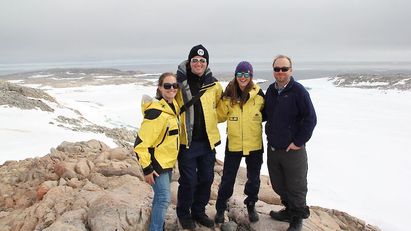 Antarctic Medical Practitioners Rachel Hawker (left) and Grant Jasiunas (right) with John Cherry and Jessie Ling at Casey research station.